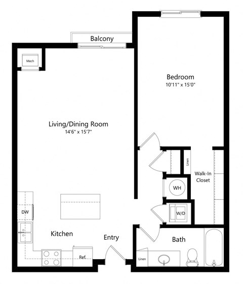 Floor plan for 1 bed, 1 bath, 831 sqft
